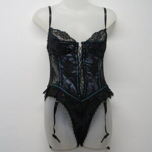 Vtg 80's Emil Bole Medium Bodysuit Teddy Lingerie Blue Satin Black Lace Hi Cut